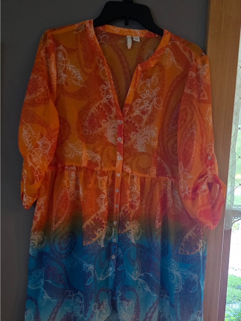Vibrant Orange-to-Blue Ombre Paisley Button-Front Women's bathing suit cover up